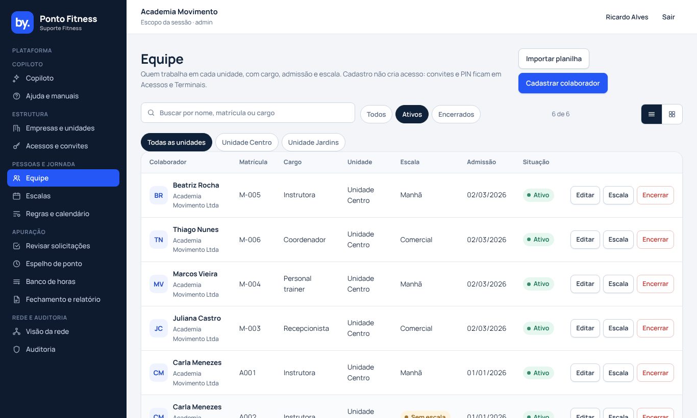 Tela Equipe do By Ponto Fitness no notebook: lista de colaboradores com cargo, unidade, escala e situação